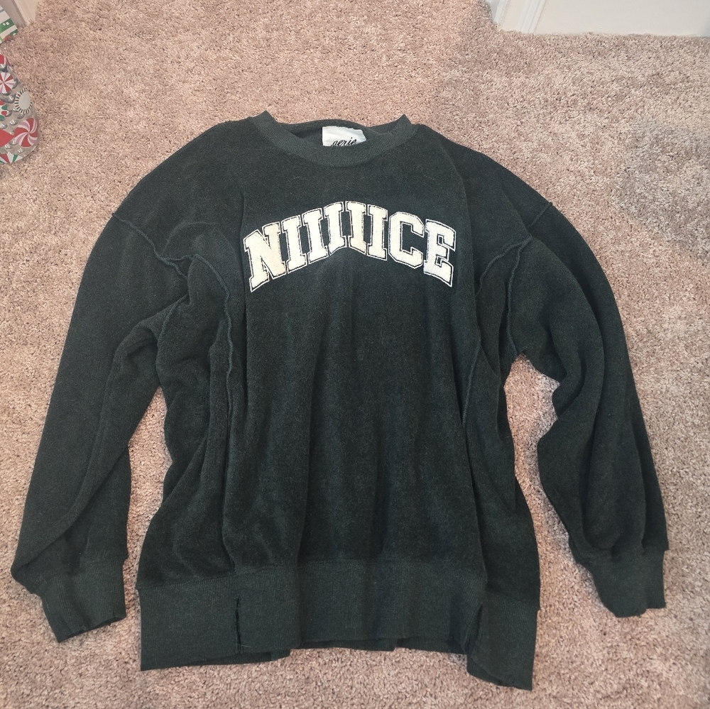 Aerie The Chill Cozy Crew Oversized Green Terry Pullover Sweatshirt Small